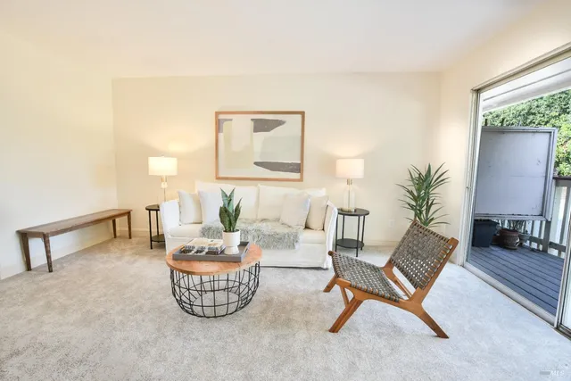 a living room with furniture and a potted plant