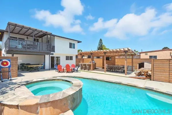 a swimming pool with outdoor seating