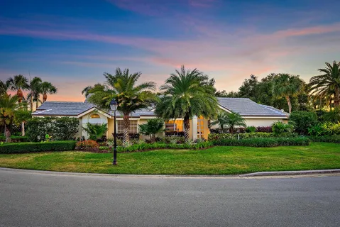 a palm tree sitting in front of a house with a big yard