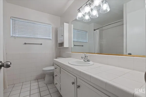 a bathroom with a sink a toilet and mirror