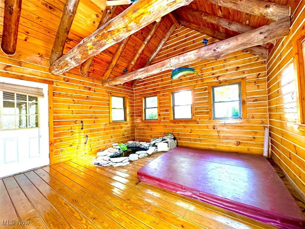 18063 Sligo Road Freeport, OH 43973 - Photo 37 of 50 Spa room with hardwood / wood-style flooring, wooden ceiling, and high vaulted ceiling