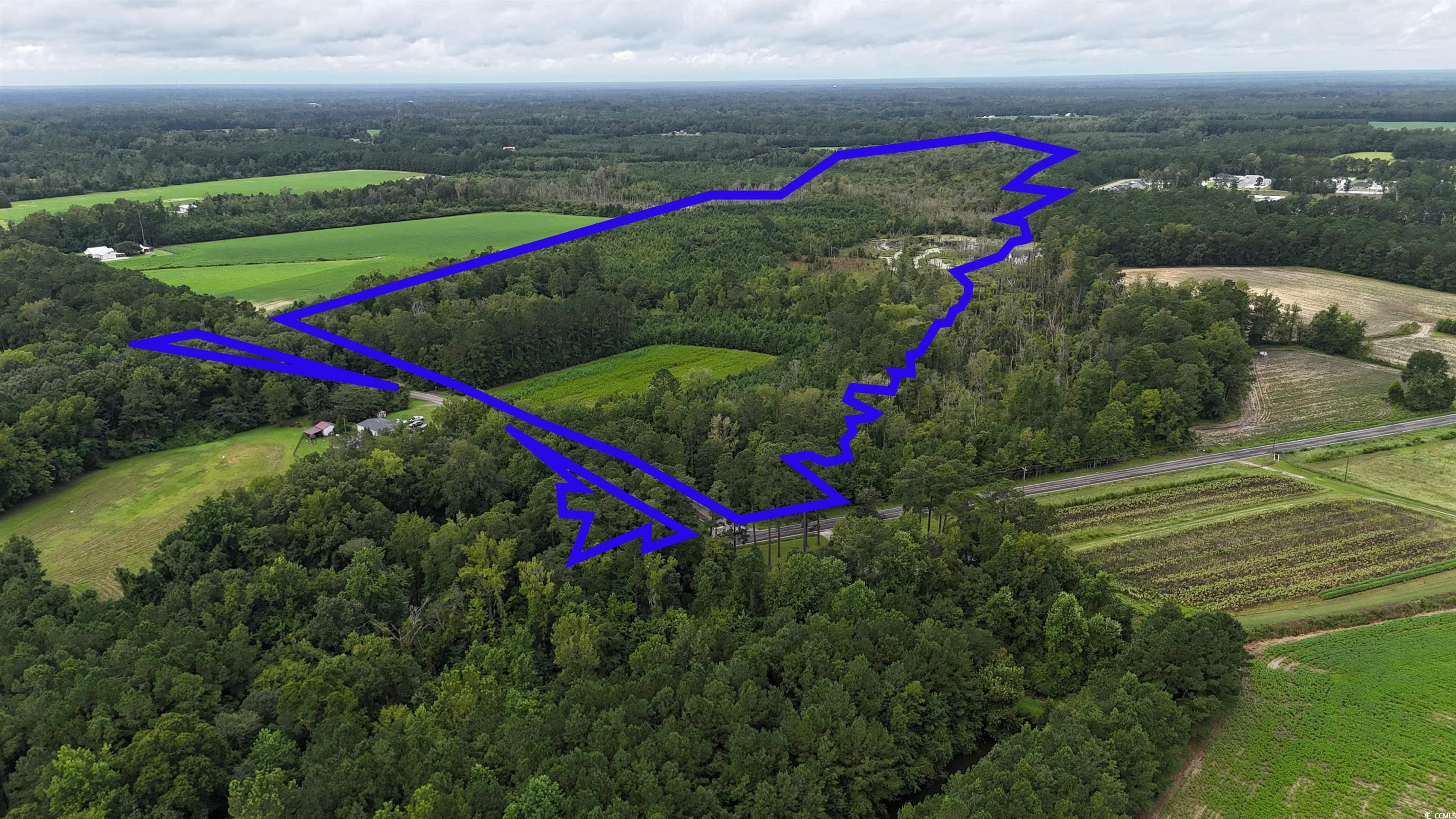 View of rural area featuring a heavily wooded area and property parcel outlined