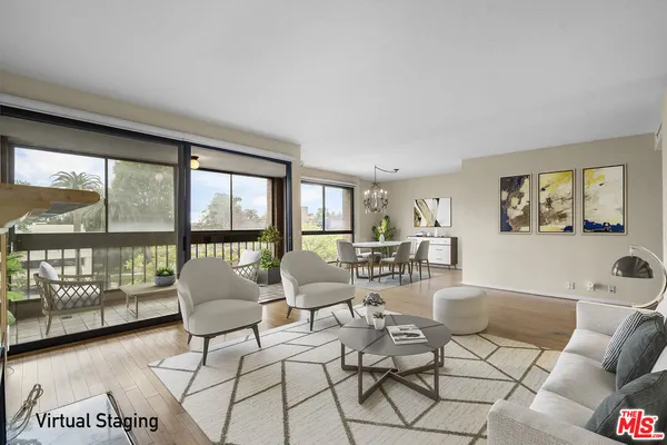 a living room with furniture and a floor to ceiling window