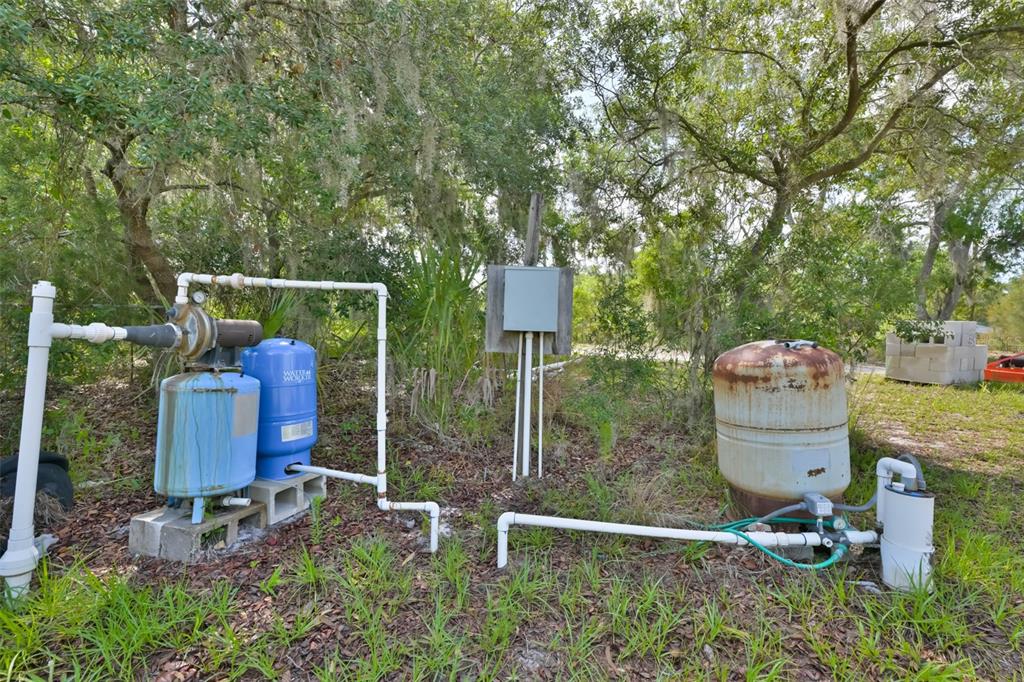 14451 Highland Road Wimauma, FL 33598 - Photo 42 of 80 a backyard of a house with table and chairs potted plants and large tree