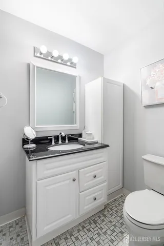 a bathroom with a toilet a sink and a mirror