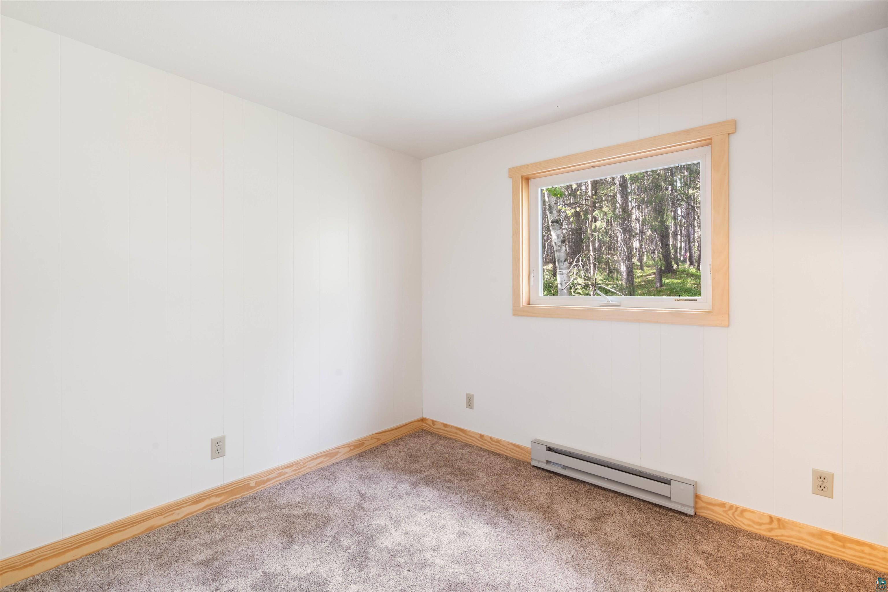 4793 Anderson Road Hermantown, MN 55811 - Photo 19 of 39 Room with light neutral wall paint, a window featuring natural wood trim, plush carpeting, and baseboard heating