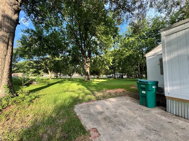 a view of a park with large trees