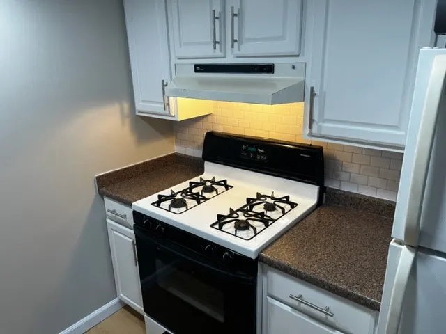 a kitchen with a stove and a refrigerator
