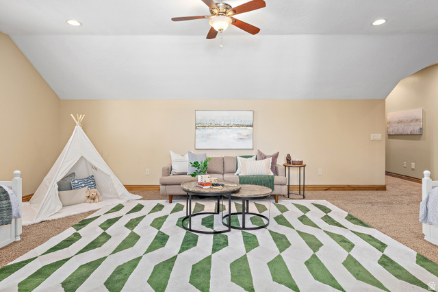552 East Johns Way Sandy, UT 84070 - Photo 40 of 67 Vaulted ceiling with recessed lighting and a ceiling fan