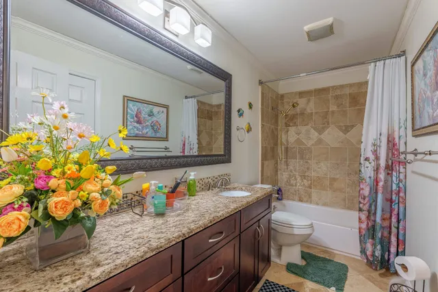 a bathroom with a granite countertop sink a toilet and a shower