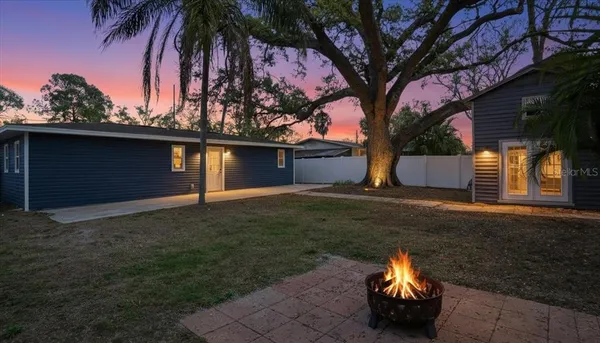 a view of a backyard with a large tree