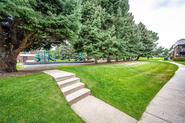 a view of a garden with a slide