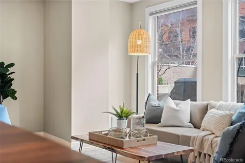 a living room with furniture and a potted plant