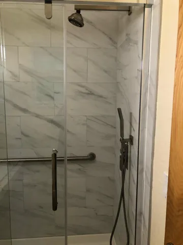 a close view of a bathroom shower
