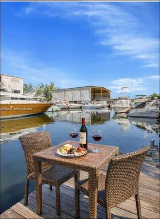 a dining table and chairs with the view of city