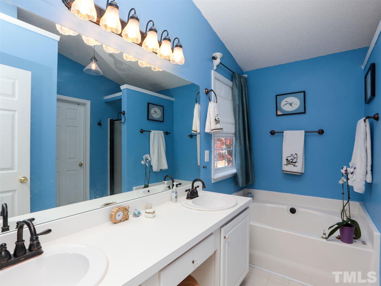 4604 Drewbridge Way Raleigh, NC 27604 - Photo 15 of 24 a bathroom with a tub a sink and mirror