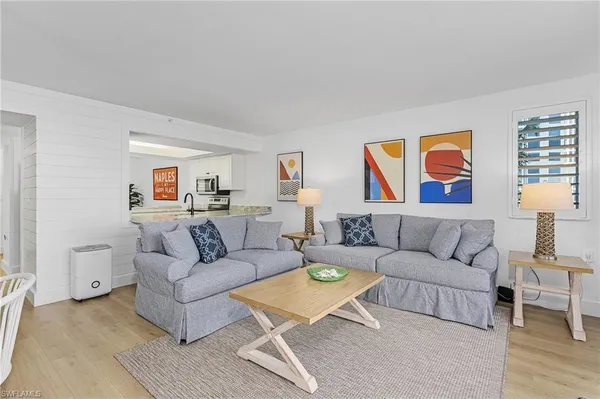 a living room with furniture potted plant and a rug