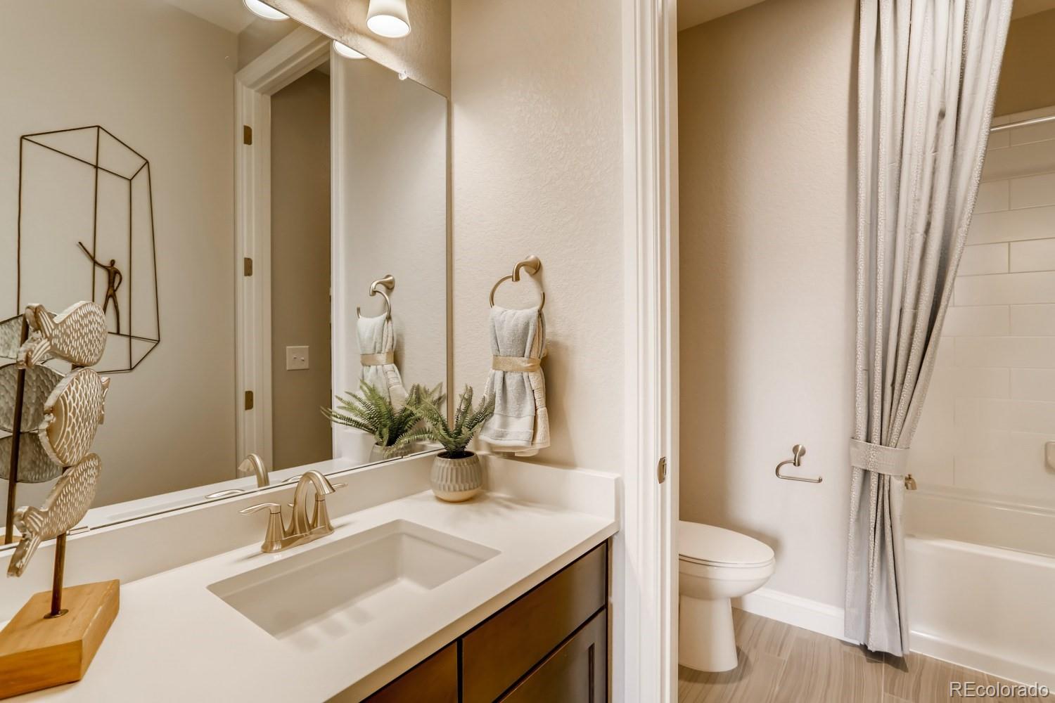 3008 Blithe Point Castle Rock, CO 80108 - Photo 22 of 29 a bathroom with a sink vanity granite toilet and a mirror