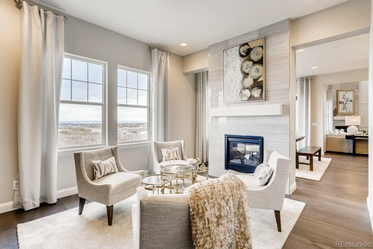 3008 Blithe Point Castle Rock, CO 80108 - Photo 25 of 29 a living room with furniture and a fireplace