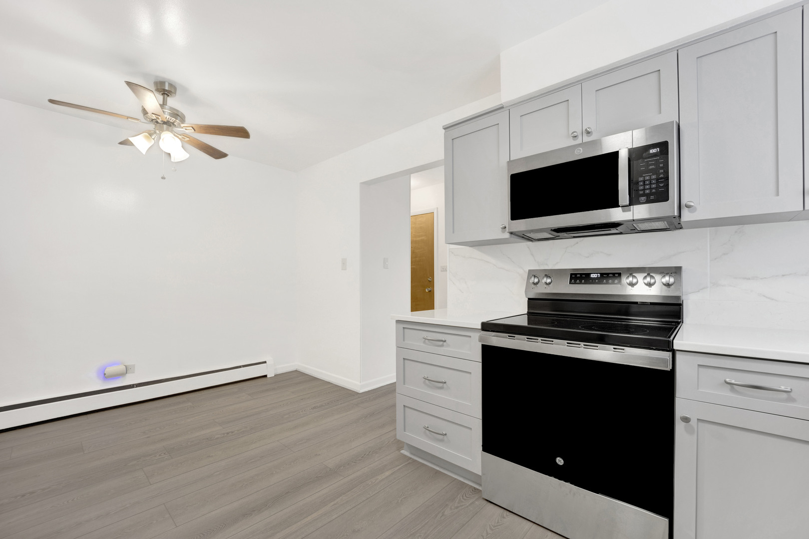 1608 Ogden Avenue, Unit 1E Downers Grove, IL 60515 - Photo 5 of 18 a kitchen with stainless steel appliances a stove microwave and sink