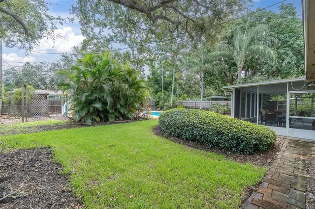 a view of a garden with a large tree