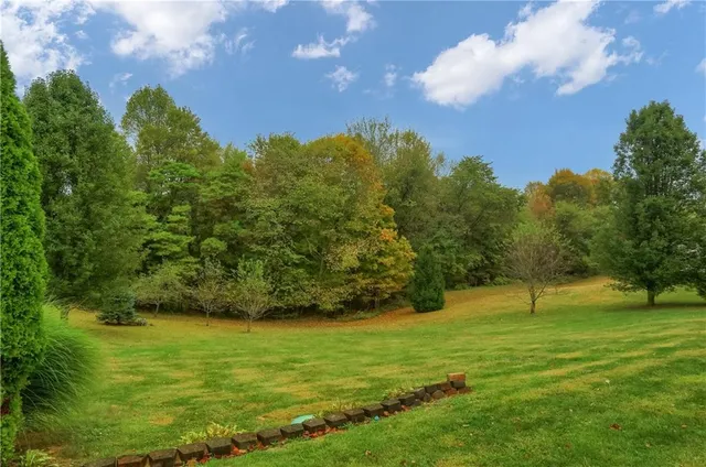 a view of yard with swimming pool and green space