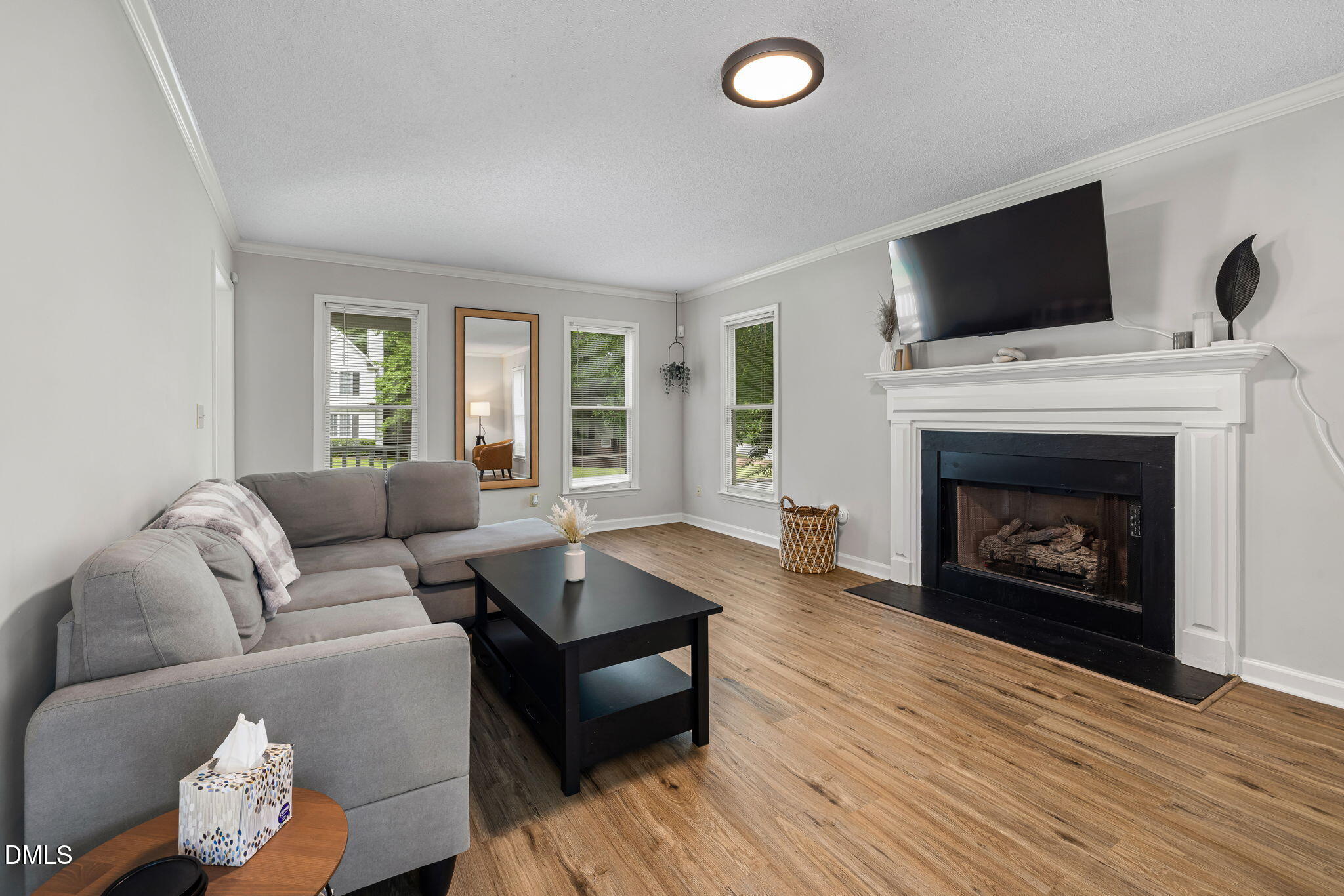 403 Chadbourne Drive Durham, NC 27703 - Photo 9 of 30 a living room with furniture flat screen tv and a fireplace