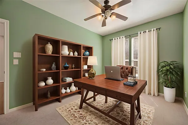 a workspace with furniture and window