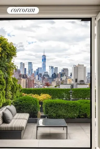 a view of a city from a living room