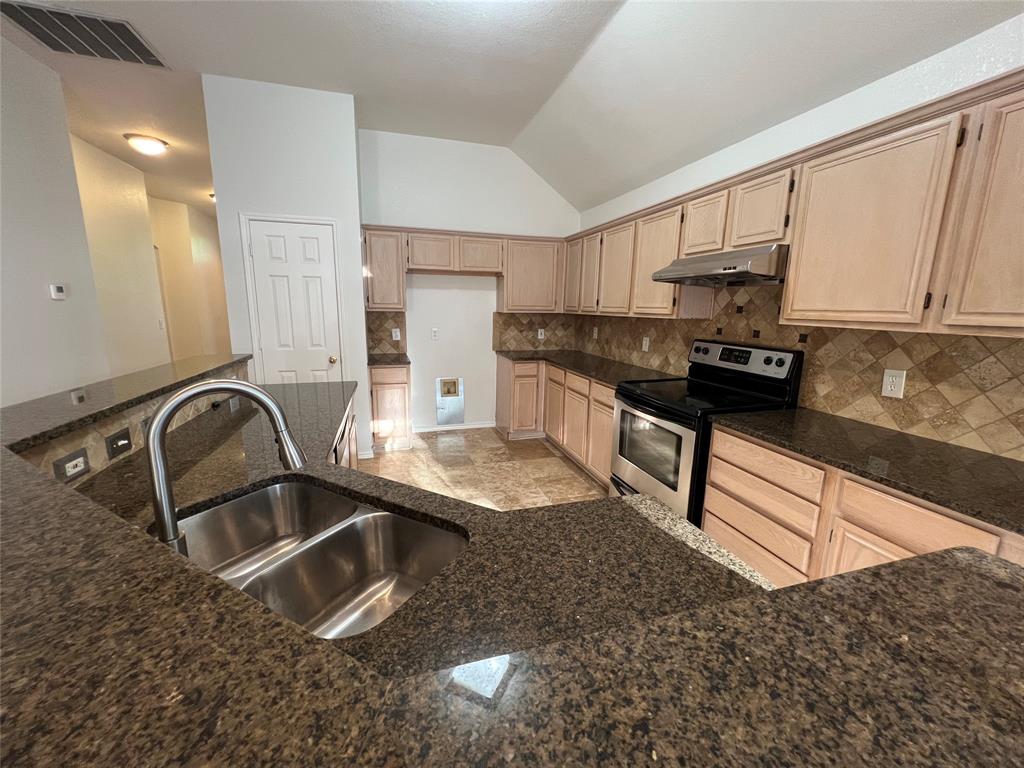 334 Touchdown Drive Irving, TX 75063 - Photo 14 of 32 Kitchen featuring granite countertops, wood cabinetry, a double basin stainless steel sink, tile backsplash, and stainless steel appliances