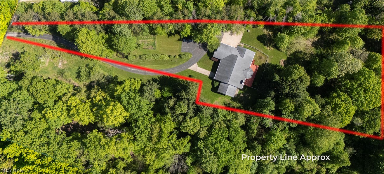 8745 Broadview Road Broadview Heights, OH 44147 - Photo 49 of 49 Aerial depiction of a substantial property featuring a private drive, mature tree coverage, a residential structure with a gray shingle roof, and an expansive outdoor deck area