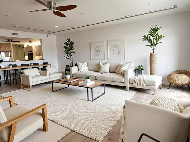 a living room with furniture potted plant and a window
