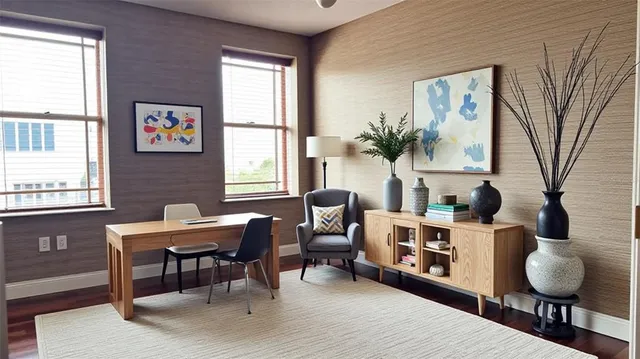 a living room with furniture a window and a potted plant