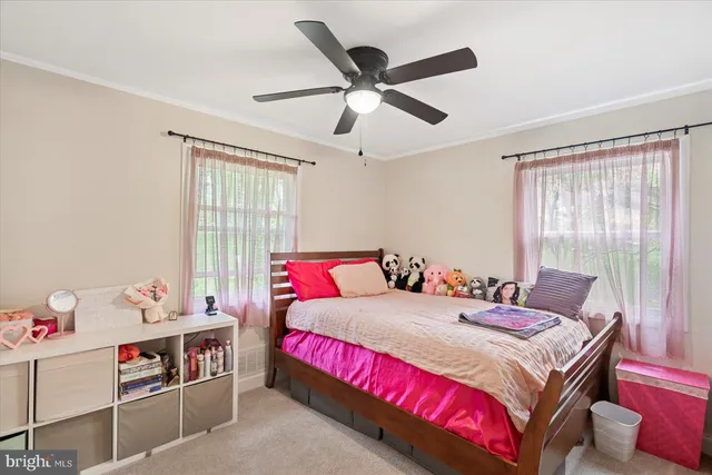 a bedroom with a bed and a chandelier fan