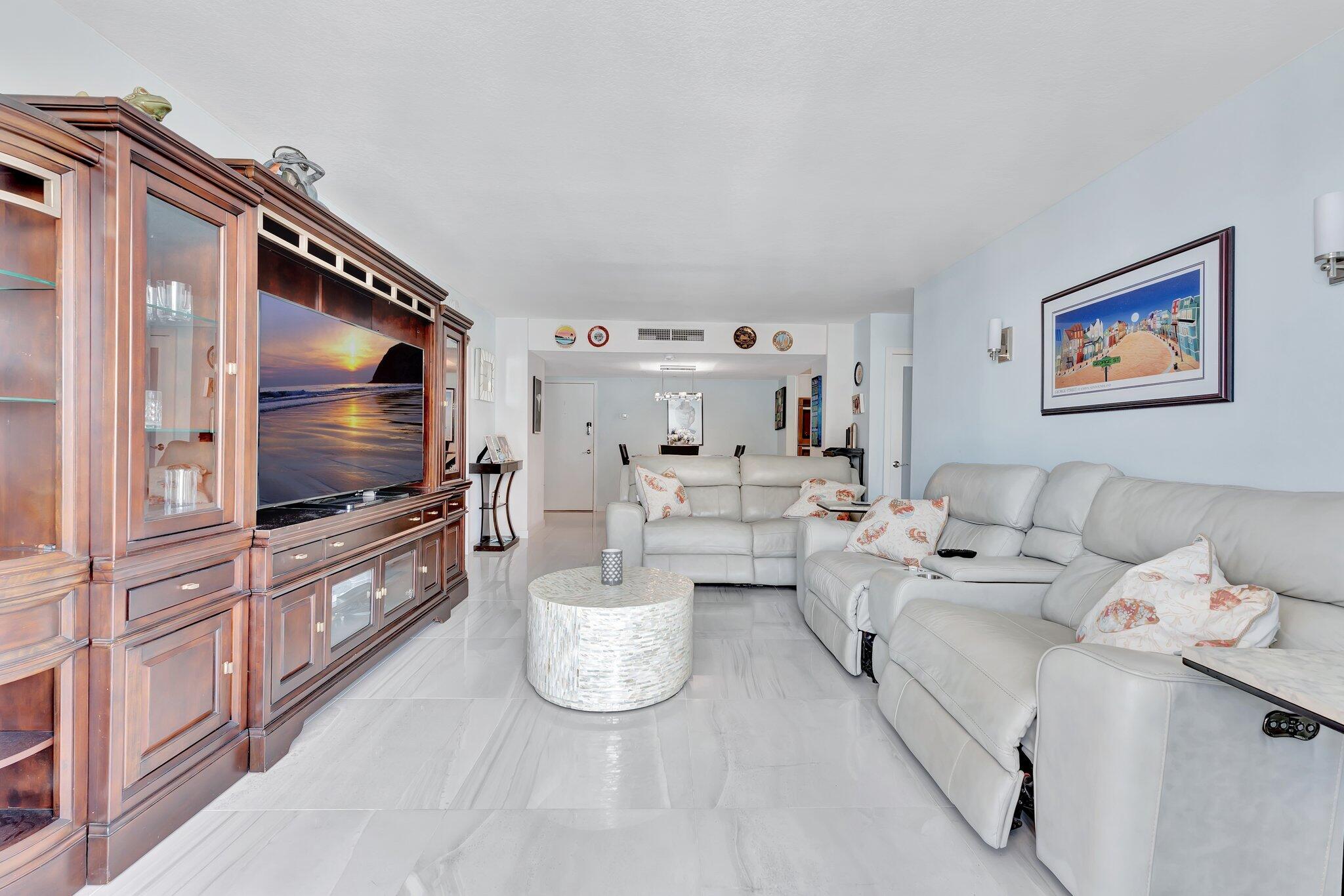 1900 South Ocean Boulevard, Unit 8G Pompano Beach, FL 33062 - Photo 13 of 54 a living room with furniture and a flat screen tv