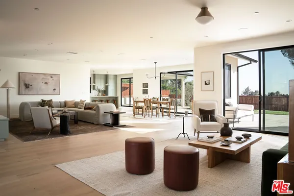 a living room with furniture potted plant and a large window