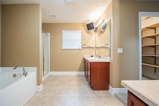 a bathroom with a tub sink and mirror