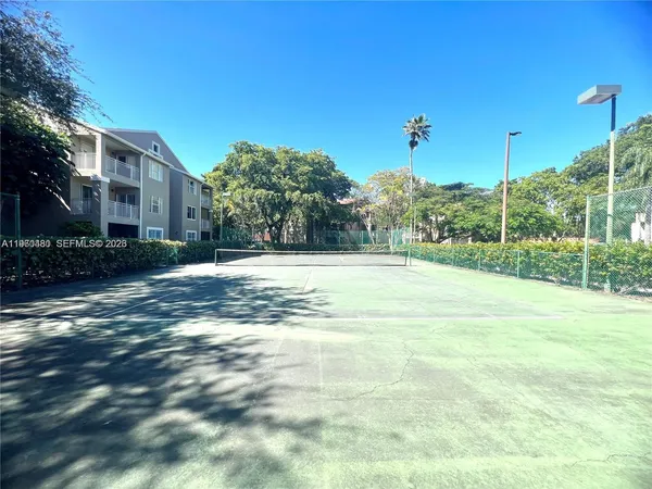 a view of a park with large trees