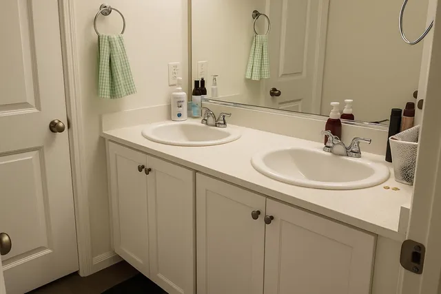 a bathroom with a sink and a mirror