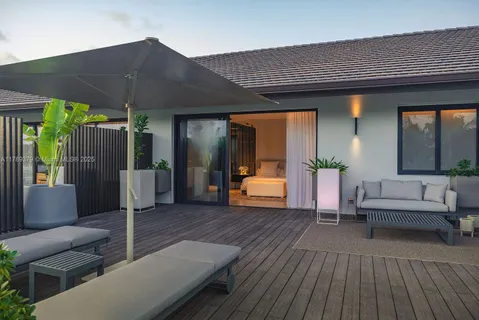 a porch with seating space