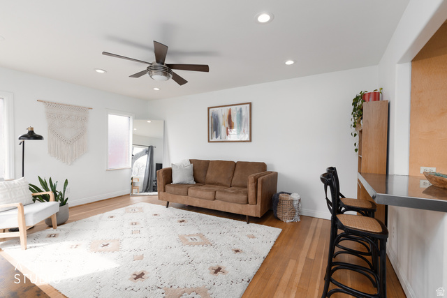 265 West 200 North Logan, UT 84321 - Photo 3 of 31 Living room with light wood-style flooring, a ceiling fan, and recessed lighting