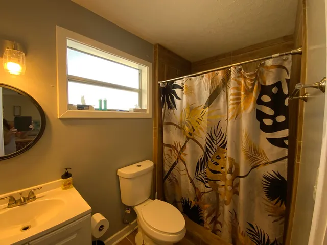 a white toilet sitting next to a shower curtain