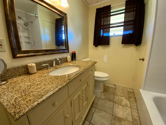 a bathroom with a sink a toilet and mirror