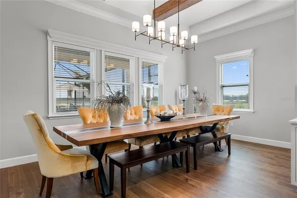 a view of a dining room with furniture window and wooden floor