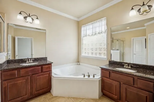 a bathroom with a granite countertop bathtub sink and mirror