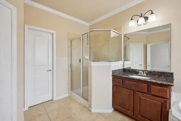a bathroom with a granite countertop sink a mirror and a shower