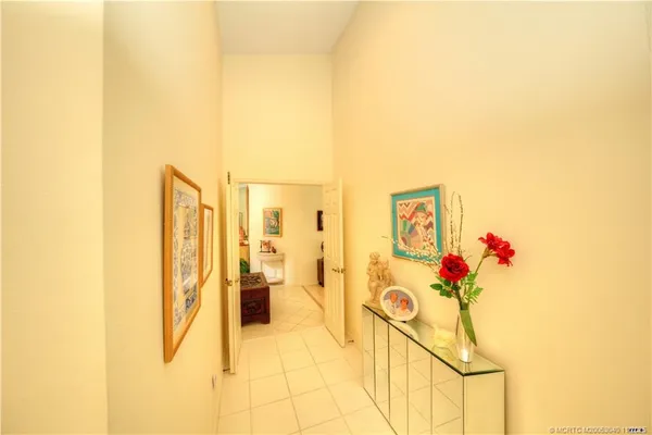 a view of a park with large trees