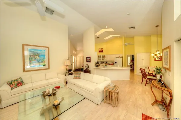 a park view with a fountain and palm trees