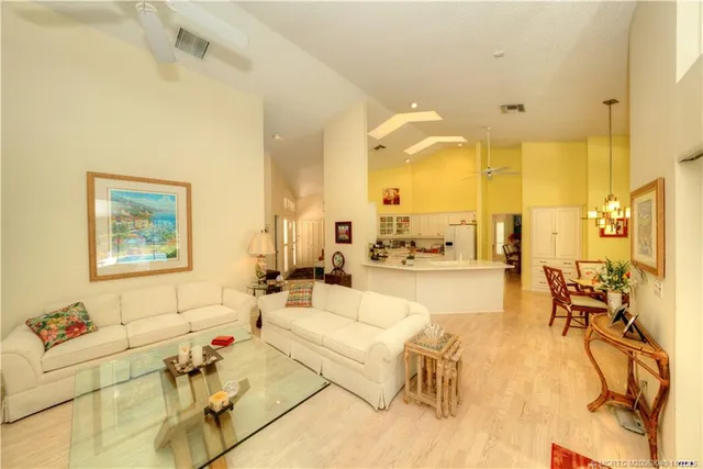 a park view with a fountain and palm trees