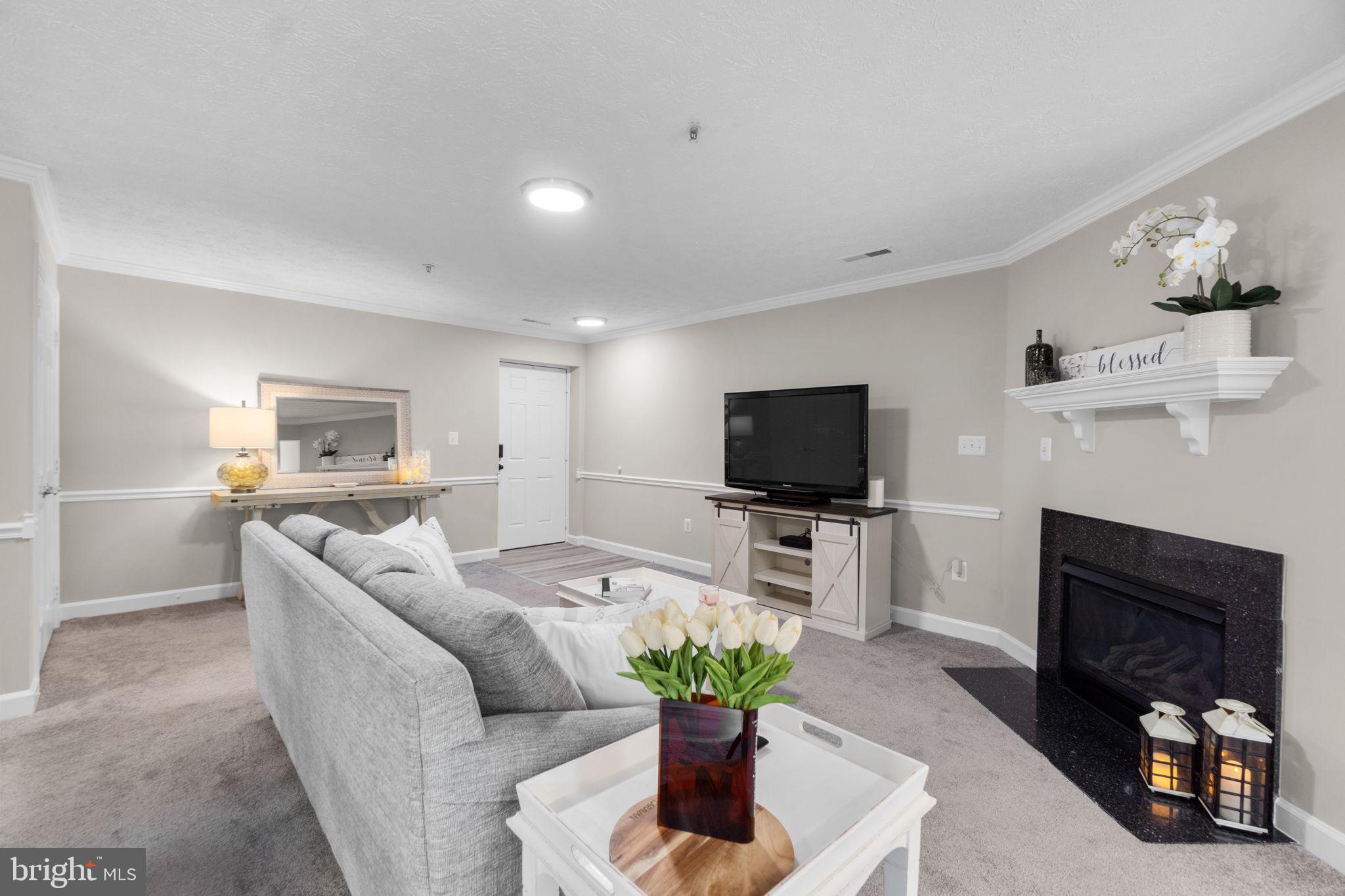 6509 Springwater Court, Unit 6303 Frederick, MD 21701 - Photo 9 of 48 a living room with furniture a flat screen tv and a fireplace